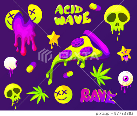 Rave trip collection with psychedelic stickers. Psychedelic acid elements andcharacters. mouth with tongue and UFO, eye, mushrooms, pills, pizza acid backgrounds. Rave trip collection with psychedelic stickers. Psychedelic acid elements andcharacters. mouth with tongue and UFO, eye, mushrooms, pills, pizza acid backgrounds. 97733882