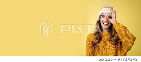 Carefree playful charismatic charming caucasian woman winter vacation having fun show okay ok gesture look through circle happily laughing smiling broadly white teeth, enjoying travel mountrains Carefree playful charismatic charming caucasian woman winter vacation having fun show okay ok gesture look through circle happily laughing smiling broadly white teeth, enjoying travel mountrains 97734545