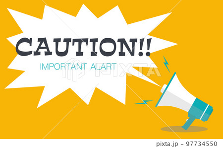 拡声器メガホンから吹き出したアナウンスメッセージが響いている黄色背景のコミック風ベクターイラスト 97734550