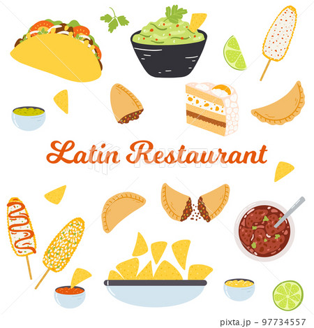 Latin America restaurant template for website, menu, poster. Traditional dishes of Latin America in hand drawn flat style, folk cuisine Latin America restaurant template for website, menu, poster. Traditional dishes of Latin America in hand drawn flat style, folk cuisine 97734557