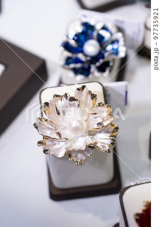 jewelry retail showcase display different flower brooches 97735921