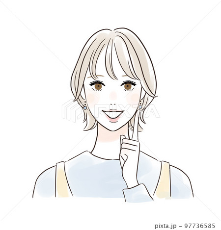 頰に指を当てて考える笑顔の女性　カジュアル 97736585