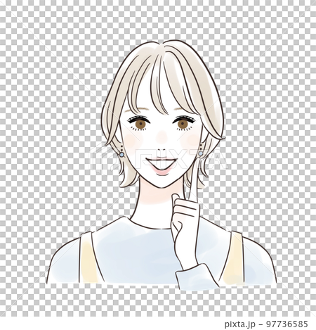 微笑的女人用手指放在臉頰上思考 微笑的女人用手指放在臉頰上思考 97736585