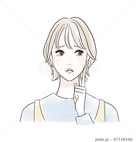 頰に指を当てて考える女性　カジュアル 97736586