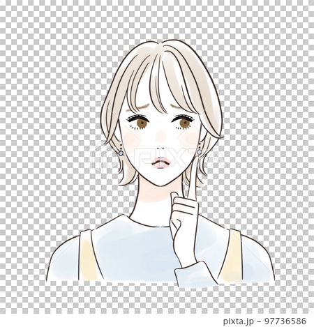 頰に指を当てて考える女性　カジュアル 97736586