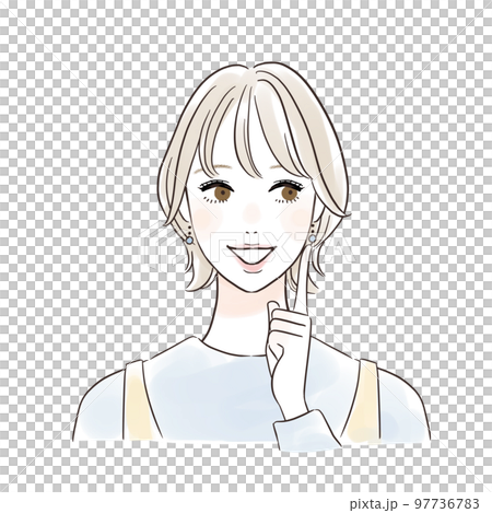 頰に指を当てて考える笑顔の女性　カジュアル 97736783