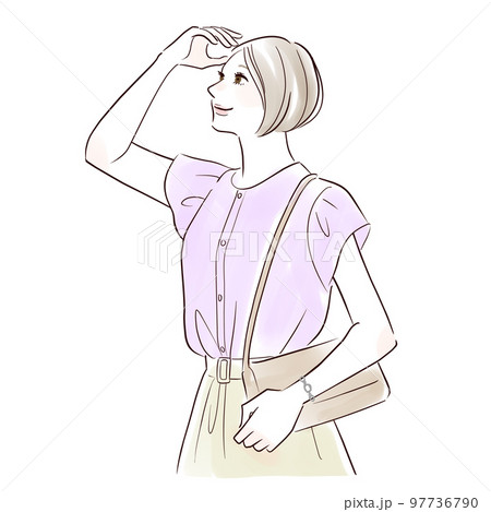 手をかざして遠くを見る笑顔の女性 手をかざして遠くを見る笑顔の女性 97736790