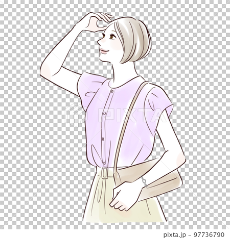 手をかざして遠くを見る笑顔の女性 手をかざして遠くを見る笑顔の女性 97736790