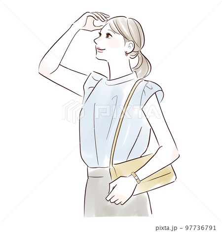 手をかざして遠くを見る笑顔の女性 手をかざして遠くを見る笑顔の女性 97736791