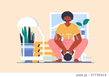 Gym training concept with people scene in flat design. Sporty woman making fitness strength training workout and lifting kettlebell at gym club. Vector illustration with character situation for web 97736928