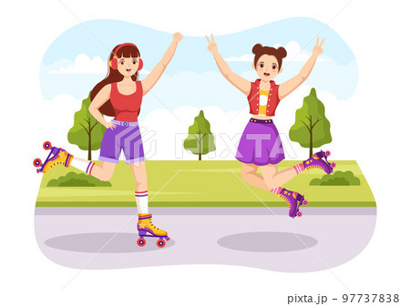 People Riding Roller Skates in City Park for Outdoor Activity, Sports Recreation or Weekend Recreation in Cartoon Hand Drawn Template Illustration People Riding Roller Skates in City Park for Outdoor Activity, Sports Recreation or Weekend Recreation in Cartoon Hand Drawn Template Illustration 97737838