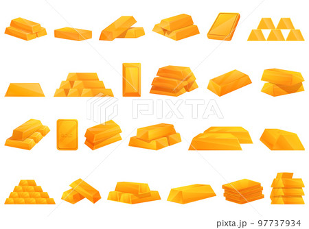 Ingot of gold icons set cartoon vector. Money coin. Chinese gold 97737934
