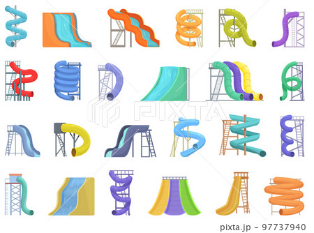 Aquapark slide icons set cartoon vector. Water travel. Sea wave 97737940