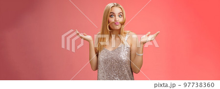 Who told I adult. Playful carefree funny charming blond woman make moustache from hair strand mimicking old man shrugging hands sideways questioned fool around playing red background 97738360