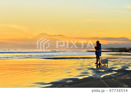湘南海岸の夕陽の中犬の散歩する情勢 湘南海岸の夕陽の中犬の散歩する情勢 97738554