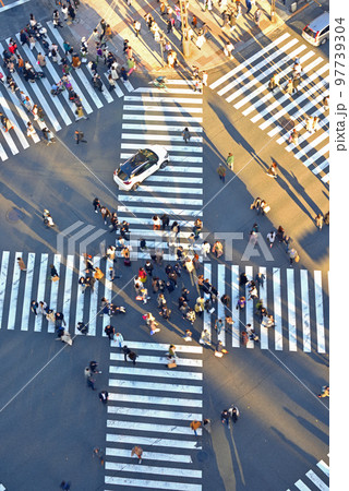 西日があたる数寄屋橋スクランブル交差点 97739304