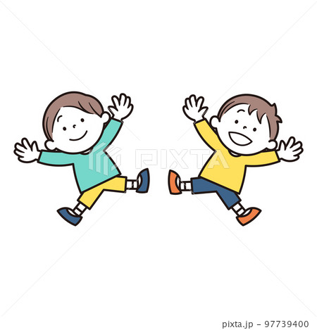 ジャンプをしている2人の日本人小学生の男の子のイラスト素材 ジャンプをしている2人の日本人小学生の男の子のイラスト素材 97739400