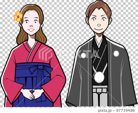 Man and woman in full dress and hakama 97739486