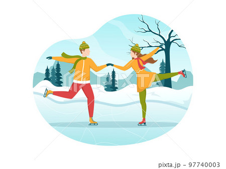 People Skating on Ice Rink Wearing Winter Clothes for Outdoor Activity or Sports Recreation in Flat Cartoon Hand Drawn Templates Illustration 97740003