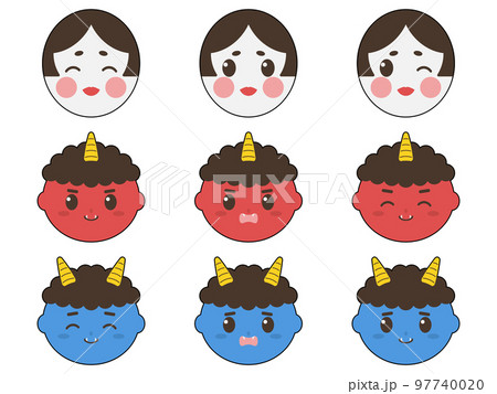 お福さんと鬼のお顔アイコンセット　黒フチあり 97740020