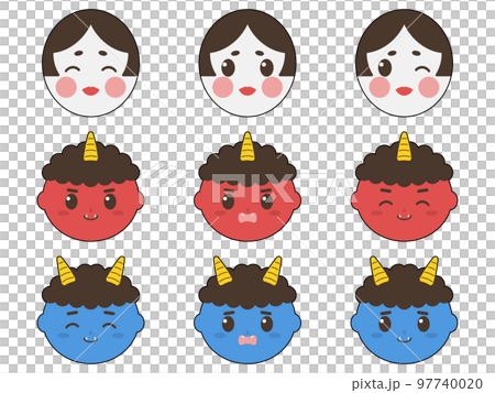 お福さんと鬼のお顔アイコンセット　黒フチあり 97740020