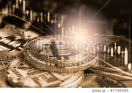 Modern way of exchange. Bitcoin is convenient payment in global economy market. Virtual digital currency and financial investment trade concept. Abstract cryptocurrency with gold bitcoin background.. 97740585
