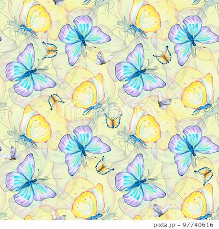 Meadow blue, yellow butterflies watercolor seamless pattern on yellow. 97740616