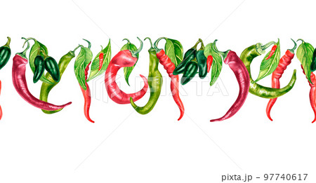 Seamless board of various hot peppers watercolor isolated on white. 97740617