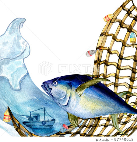 Composition of tuna and fishnet watercolor illustration isolated on white. 97740618