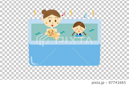 Illustration of a mother taking a bath with her baby and her upper child Illustration of a mother taking a bath with her baby and her upper child 97741665