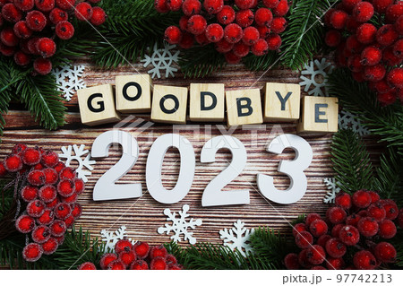 Goodbye 2023 holidays celebration with christmas decorations background Goodbye 2023 holidays celebration with christmas decorations background 97742213