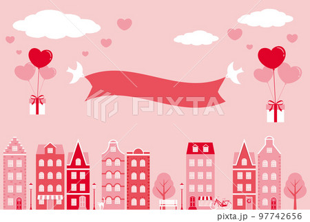 空に浮かぶハート型の風船と家や店が立ち並ぶ街のバレンタインデー向け背景イラスト 空に浮かぶハート型の風船と家や店が立ち並ぶ街のバレンタインデー向け背景イラスト 97742656