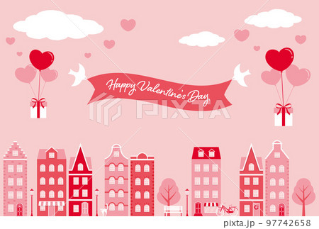 空に浮かぶハート型の風船と家や店が立ち並ぶ街のバレンタインデー向け背景イラスト 97742658