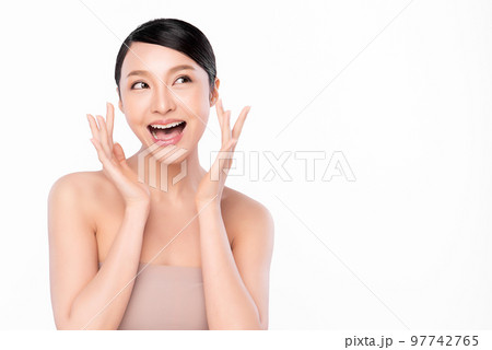 Beautiful young asian woman with clean fresh skin on white background, Face care, Facial treatment, Cosmetology, beauty and spa, Asian women portrait. 97742765