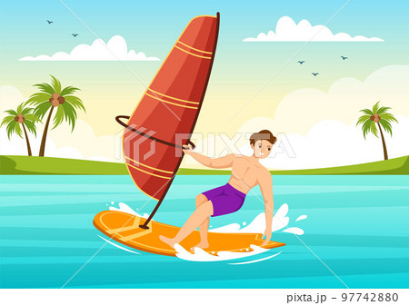 Windsurfing with the Person Standing on the Sailing Boat and Holding the Sail in Extreme Water Sport Flat Cartoon Hand Drawn Templates Illustration 97742880