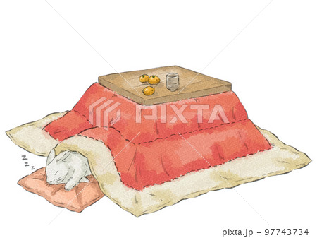 寝ているうさぎとこたつのイラスト(水彩風) 寝ているうさぎとこたつのイラスト(水彩風) 97743734