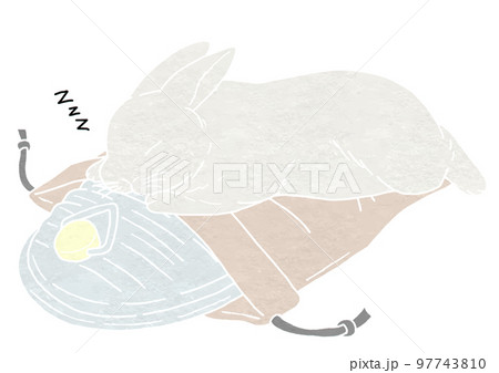 寝ているうさぎと袋付き湯たんぽのイラスト（版画風） 97743810