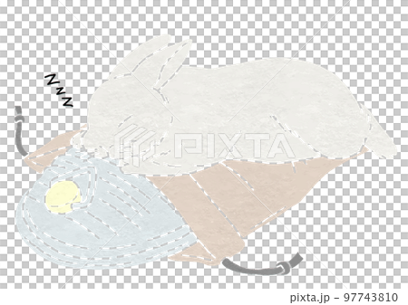 寝ているうさぎと袋付き湯たんぽのイラスト（版画風） 97743810