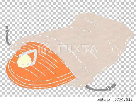 オレンジ色の袋付き湯たんぽのイラスト（版画風） 97743812