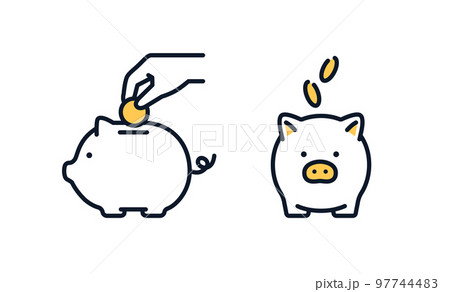 ブタの貯金箱へ貯金するシンプルなアイコンイラスト素材 97744483
