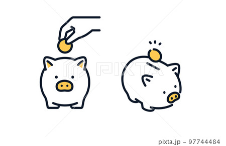 ブタの貯金箱と手のシンプルなアイコンイラスト素材 97744484