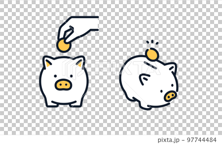 ブタの貯金箱と手のシンプルなアイコンイラスト素材 97744484