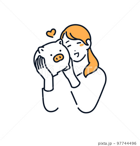 笑顔でブタの貯金箱を持つ若い女性のシンプルなベクターイラスト素材 97744496