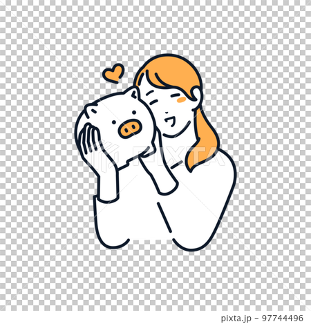 笑顔でブタの貯金箱を持つ若い女性のシンプルなベクターイラスト素材 97744496