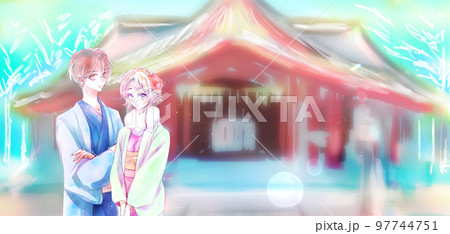 着物を着た男女　初詣　背景神社 97744751