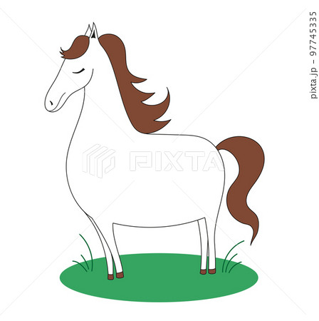 White horse with a brown mane on the grass. Doodle horse. Vector simple kid illustration. 97745335