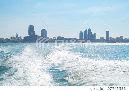 Aerial view of Pattaya sea, beach in Thailand in summer season, urban city with blue sky for travel background. Chon buri skyline. 97745526