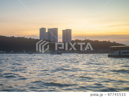 Aerial view of Pattaya sea, beach in Thailand in summer season, urban city with blue sky for travel background. Chon buri skyline. 97745533