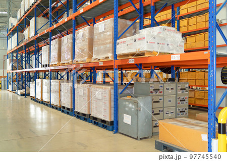 Interior of large warehouse retail store industry. Rack of furniture and home accessories stock storage. Interior of cargo in ecommerce and logistic concept. Depot Interior of large warehouse retail store industry. Rack of furniture and home accessories stock storage. Interior of cargo in ecommerce and logistic concept. Depot 97745540