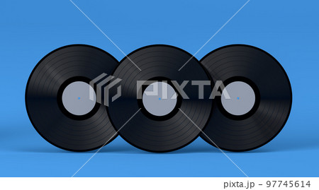 Set of vinyl LP records with label isolated on blue background. Set of vinyl LP records with label isolated on blue background. 97745614